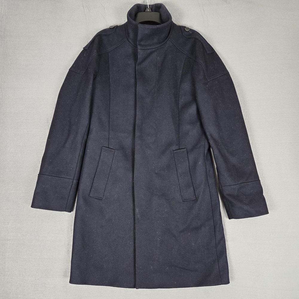 REISS OVERCOAT Mens Medium Navy Blue Trench Jacket Wool Long Epaulets
